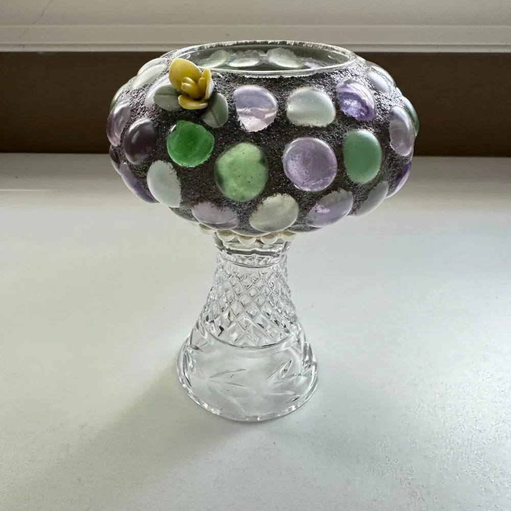 Handmade Glass‎ Pebble Cement Votive/Small Plant Holder Pearl Detail Floral